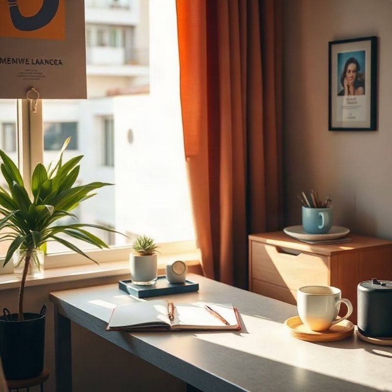Mesa acolhedora de escritório com caderno, telefone e xícara de café