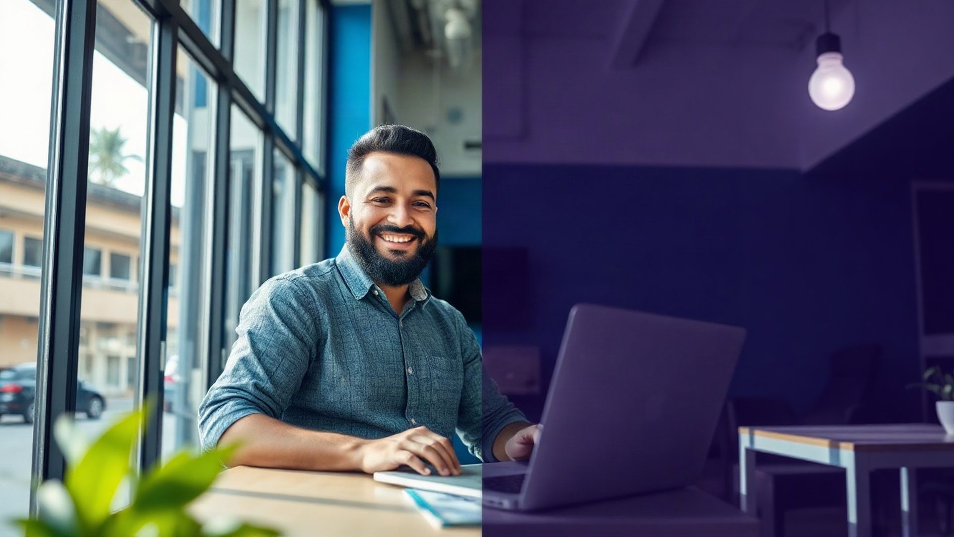 Empreendedora sorrindo diante do laptop em um espaço iluminado em Porto Alegre