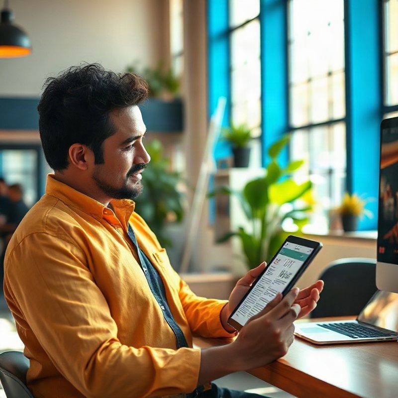 Empreendedor local revisando um PDF bem diagramado em um tablet
