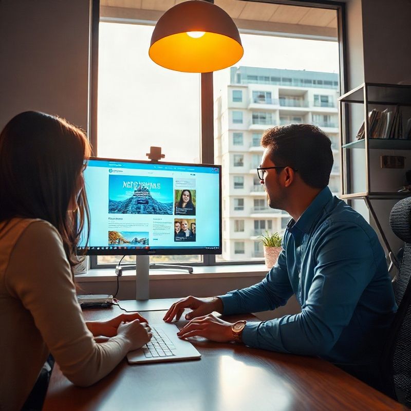 Duas pessoas colaborando na tela de um monitor com um mockup de site