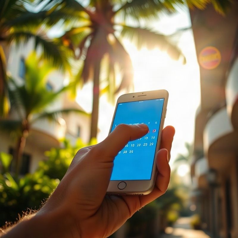 Mão tocando o calendário em um smartphone com interface índigo